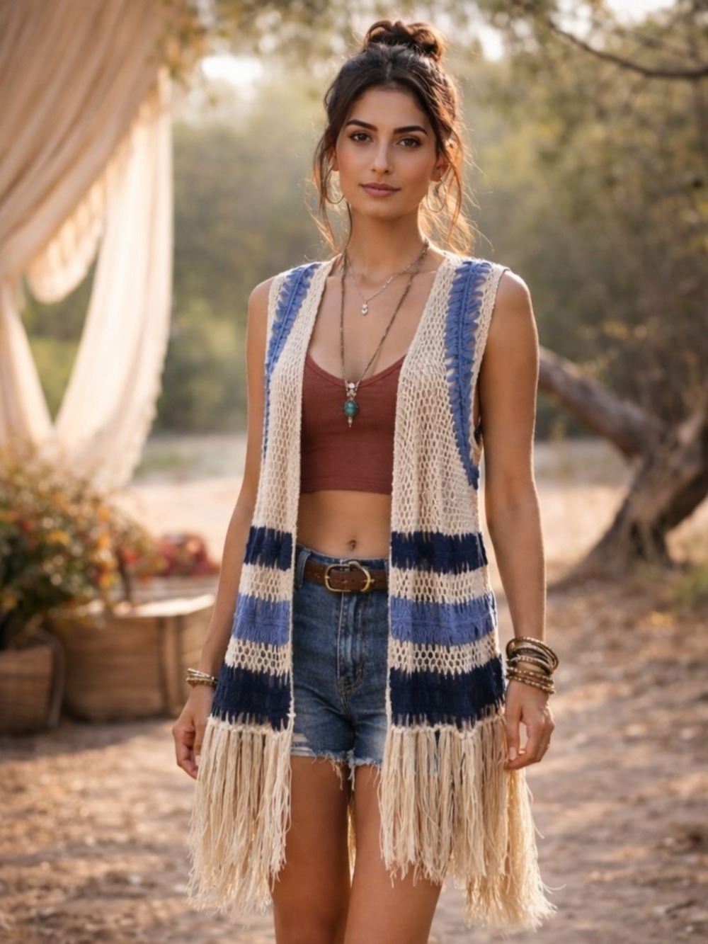 Frazzle Blue & Cream Crochet Fringe Vest XXL Boho Festival Duster 38” NWT